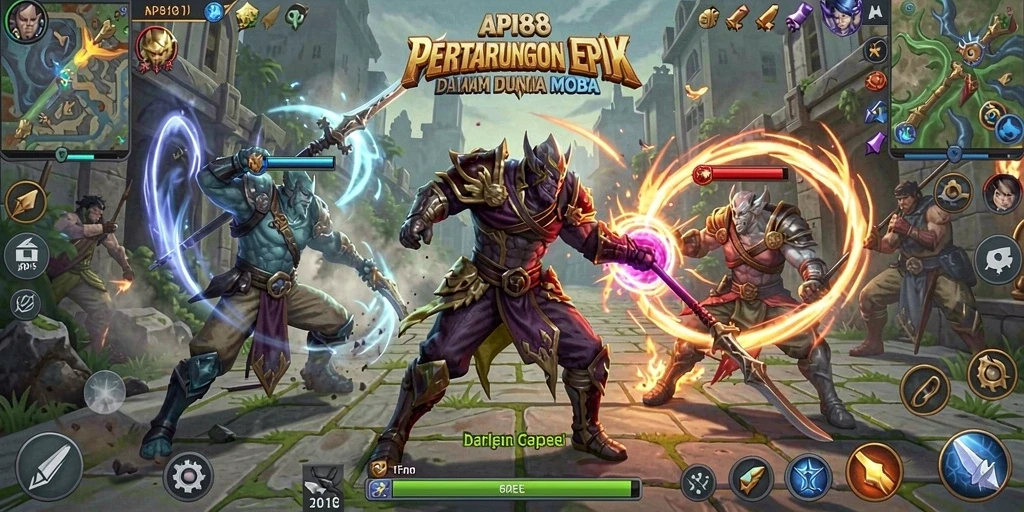 Screenshot gameplay <strong>API88</strong> menampilkan aksi intens dalam pertempuran tim MOBA.