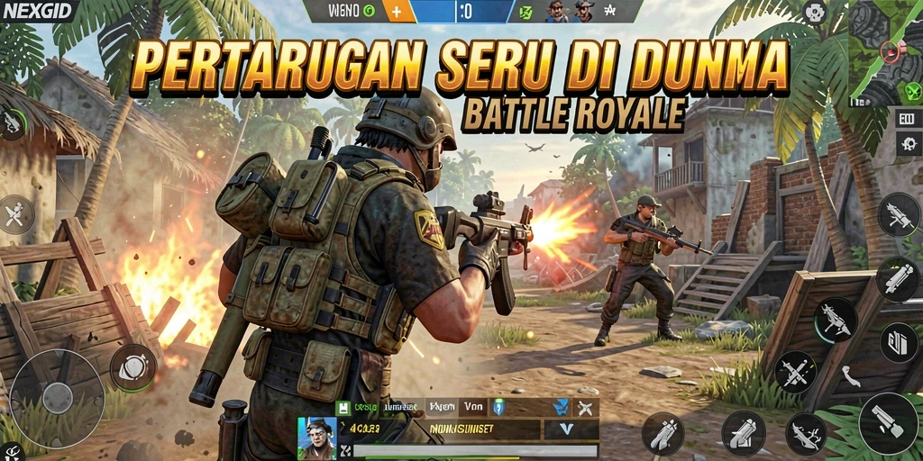 Tangkapan layar gameplay NEXGID menunjukkan aksi pertempuran Battle Royale yang mendebarkan.