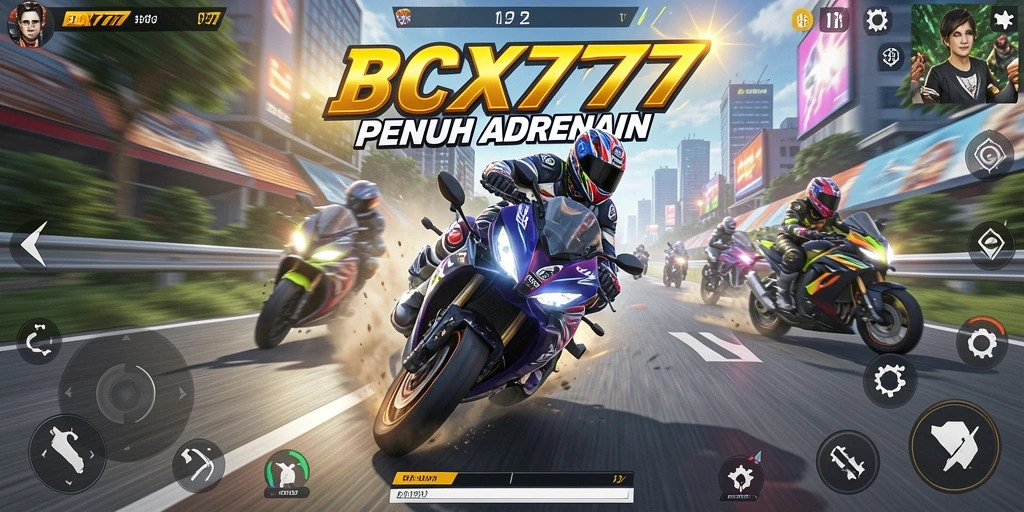 Screenshot gameplay PCX777 menampilkan aksi balapan motor yang mendebarkan.